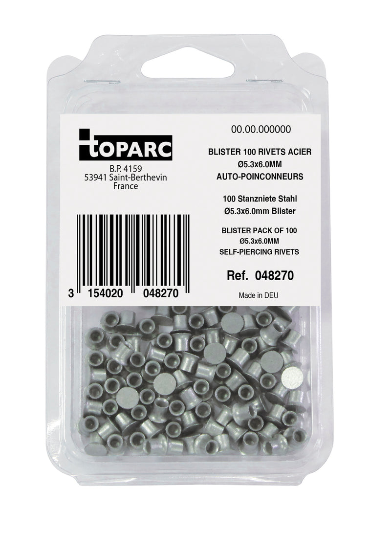 100 SELF PIERCING STEEL RIVETS STEEL Ø5.3x6.0MM - BLISTER PACK