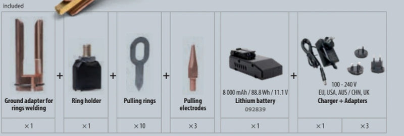 GYSPOT ACCU 2900: included ground adapter, ring holder, pulling rings, pulling electrodes, battery and charger