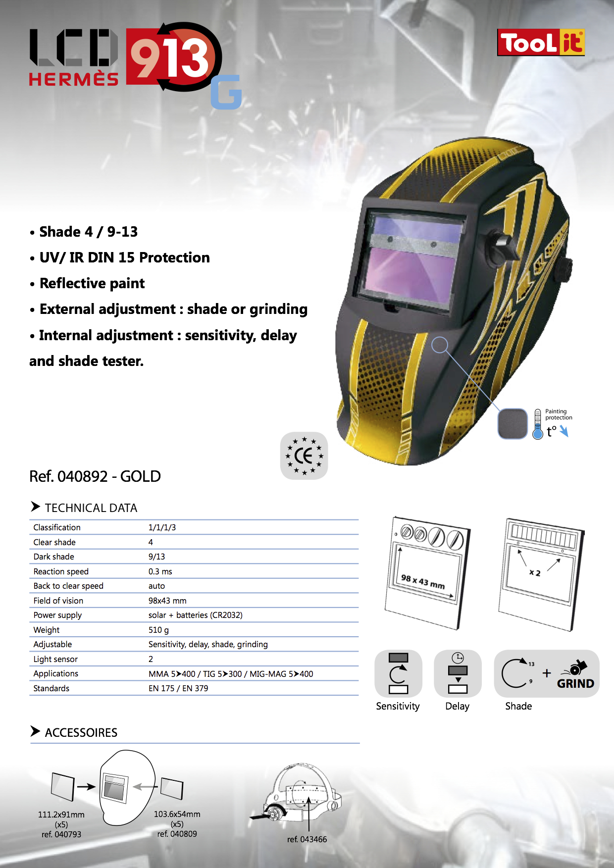 Masque LCD de soudure GYS HERMES 9/13 Gold 