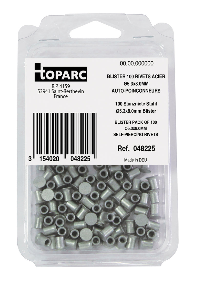 100 SELF PIERCING STEEL RIVETS STEEL Ø5.3x8.0MM - BLISTER PACK